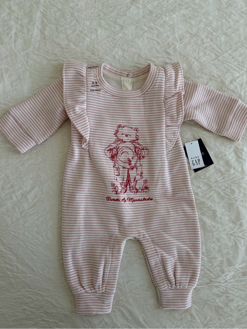 GAP Pink & White Striped Ruffle One-Piece with Red Bear Graphic